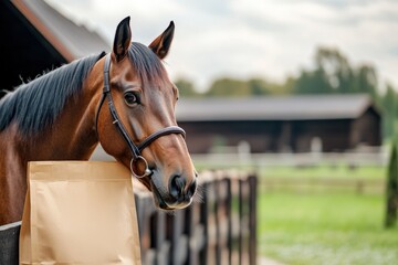 A horse stands calmly next to a mockup bag of horse food against a muted backdrop of a field and stable highlighting the equine’s beauty and the care in feeding