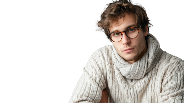 A Man with Glasses and a Sweater Posed on Transparent Background, PNG