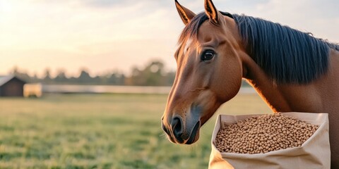 A horse stands close to a plain mockup bag of horse food set against a blurred background of a field and a prestigious stable. The warm light of golden hour enhances the serene atmosphere
