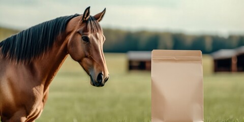 A horse stands patiently beside an empty mockup of a large food bag in a peaceful setting. The blurred backdrop features a lush field and a prestigious stable ideal for showcasing equine products