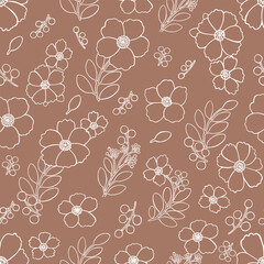 Flowers leaves berries white Elements Vector illustration seamless pattern. Mocha Mousse background. Hand painted floral berries flower decor. Spring summer vibes print. For fabric, gift wrapping