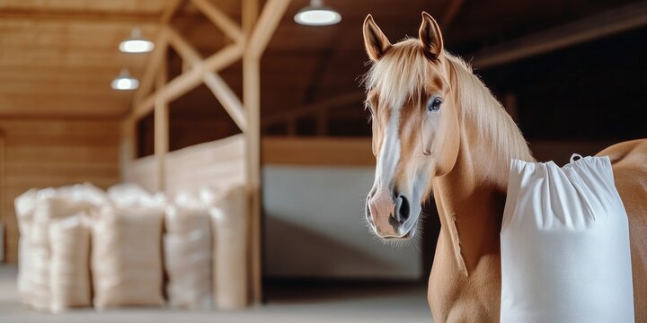 In a prestigious stable a close-up view features a graceful horse next to a plain craft bag. The blurred background showcases a clean interior ideal for showcasing products or designs