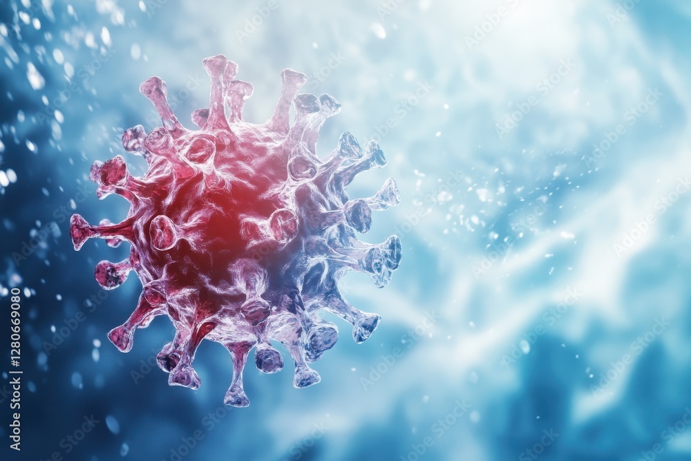 Poster virus structure in a microscopic view with a blue medical background showcasing cells and particles