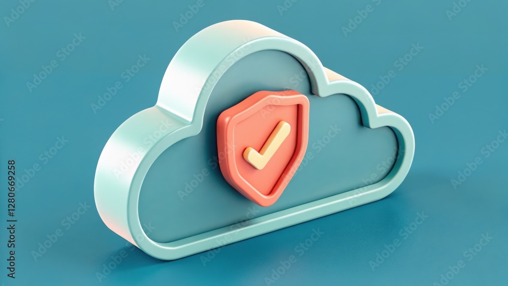 Poster a stylized cloud icon with a protective shield and checkmark, symbolizing security in cloud computin