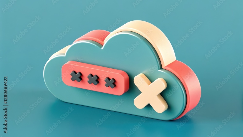 Poster a colorful cloud-shaped icon featuring a password input and a cancel symbol, representing digital se