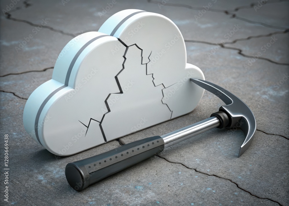 Poster cloud security threats concepts. a cracked cloud paired with a hammer, symbolizing security vulnerab