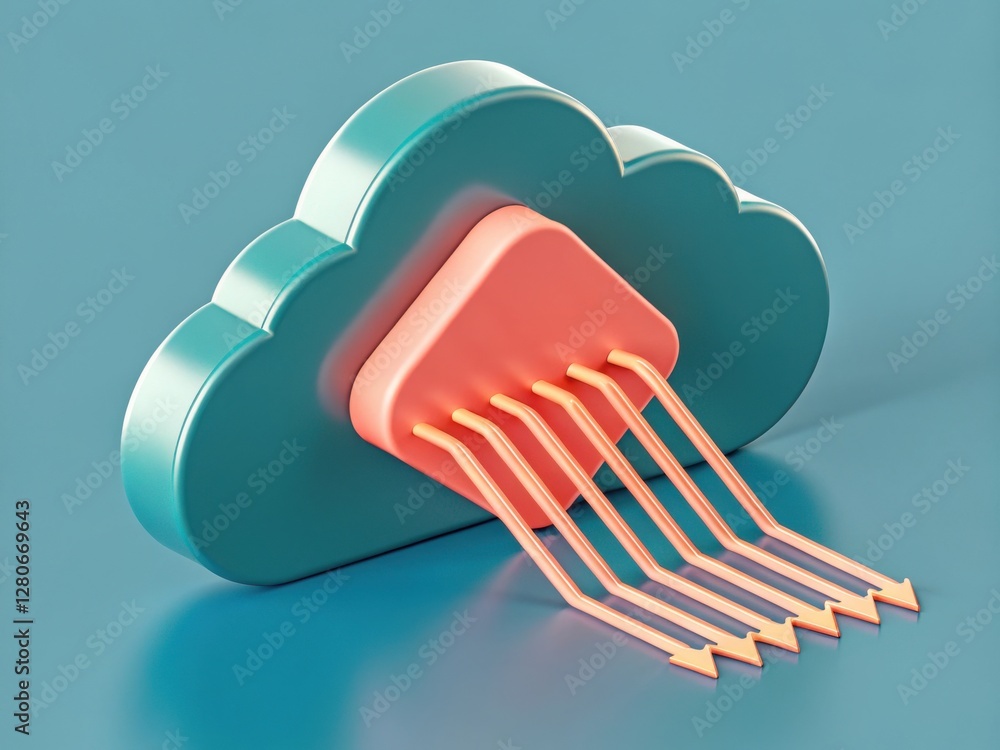 Poster a colorful 3d cloud icon with stylized lines extending from it, symbolizing data transfer or cloud c
