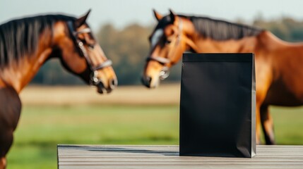 A close up view features a horse standing next to a large black paper food bag against a blurred background of a field and elegant stables perfect for advertising equine products