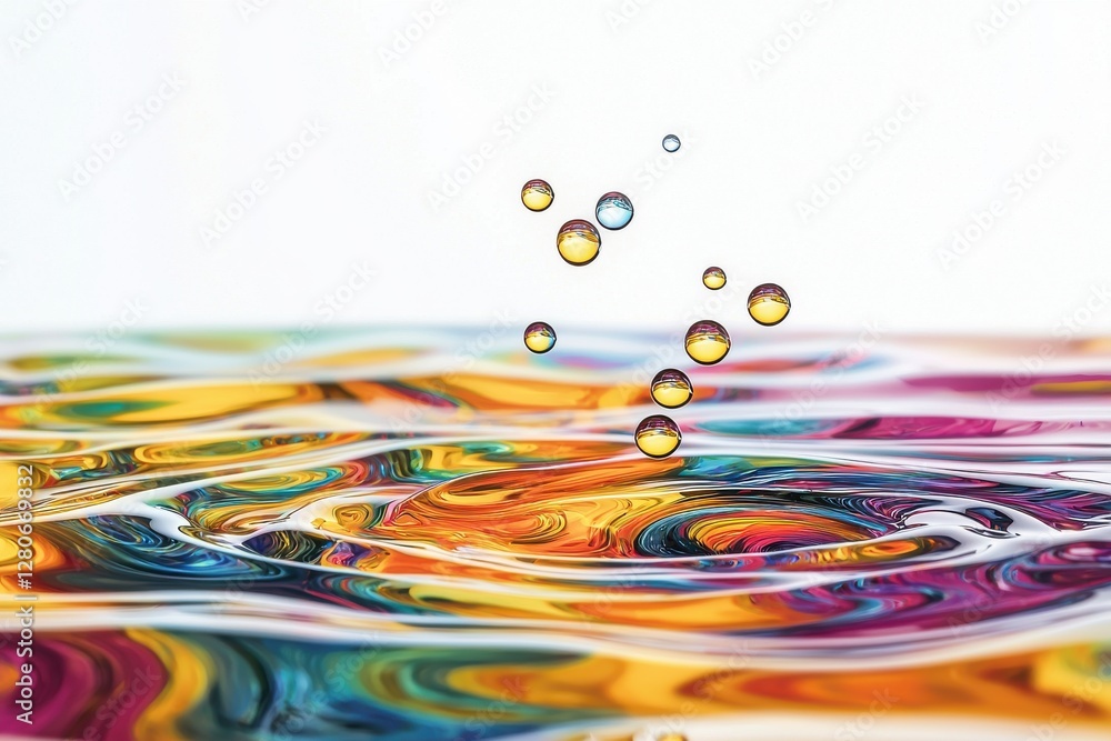 Poster captivating close up of water droplets hovering above colorful rippled liquid surface, creating dyna