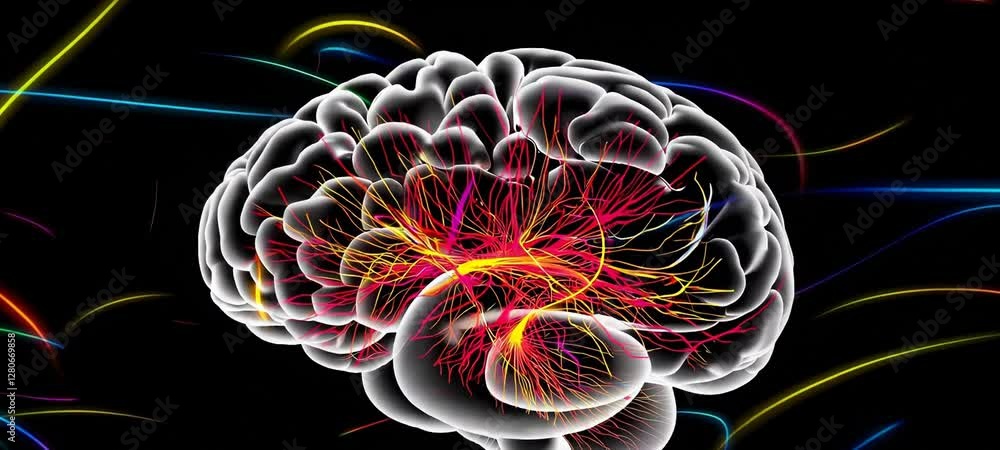 Poster dynamic neural activity with colorful pulsating light effects on brain model