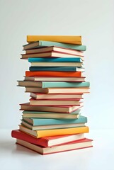 Reading is Funny Day, A neat stack of colorful books with varying spine colors, arranged against a plain background, suggesting knowledge and reading