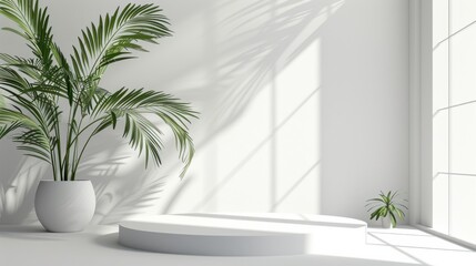 Fototapeta premium Minimal white room, cylinder podium, subtle palm leaf shadows, abstract product display setup