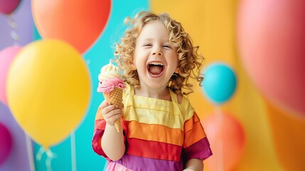 A young girl with curly blonde hair laughs while holding an ice cream cone, with a colorful background of balloons.
