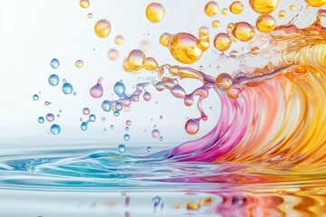 Fototapeta premium A vibrant abstract splash of colorful liquids and floating bubbles creates a dynamic and ethereal visual, showcasing artistic composition and fluid motion against soft background.