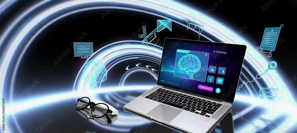 Poster futuristic laptop with holographic tech interfaces and scifi virtual display