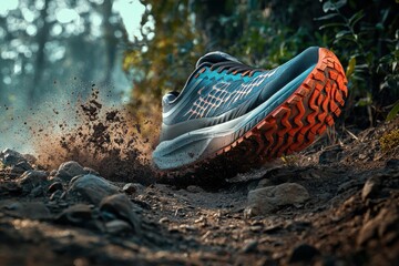 A close-up of a trail running shoe in motion, kicking up dirt on a rocky path, highlighting the dynamic action and off-road capabilities of the footwear.