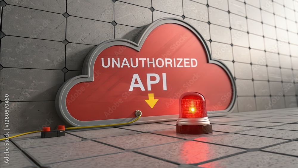 Poster cloud security threats concepts. a red cloud sign alerts to an unauthorized api, accompanied by a wa