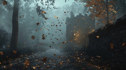 A mystical autumn scene with swirling leaves and glowing lights near an ancient stone castle.