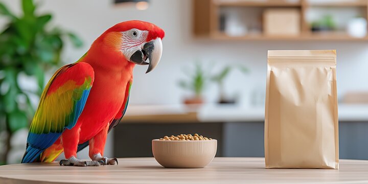A vibrant parrot sits on a table beside a bowl of food and a plain mockup bag of parrot food. The blurred background showcases a pet store ambiance enhancing the lively atmosphere
