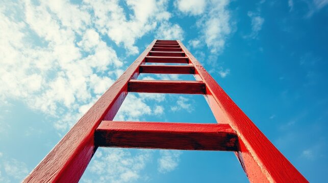 A vibrant red ladder stretching towards a bright blue sky dotted with fluffy white clouds.