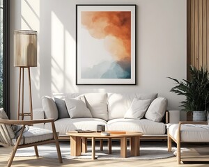 Mockup poster frame on the wall of living room. Luxurious apartment background with contemporary design. Modern interior design.