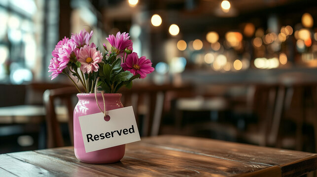 Vase of pink flower with Reserved tag on table with restaurant background