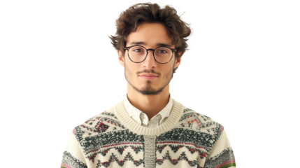 A Man with Glasses and a Sweater Standing on Transparent Background, PNG