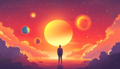 A man stands in the distance, planets and suns float around him, cartoon style, vector graphics, simple shapes, bright colors, illustration style, background is red sky with clouds.