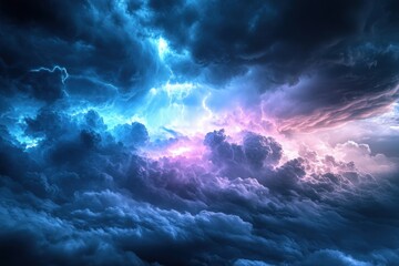 Fototapeta premium Majestic storm clouds glow with lightning in a vibrant twilight sky