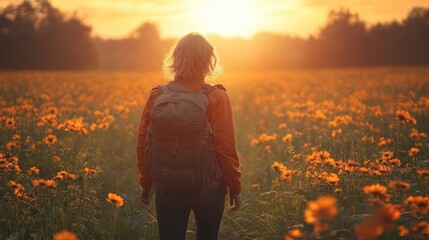 Fototapeta premium Sunset Hike: A woman with backpack walking towards the sunset in a field of orange flowers.
