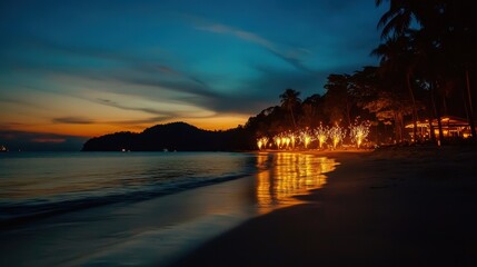 Naklejka premium A serene beach at twilight, with shimmering reflections on the water and palm trees illuminated by warm lights.
