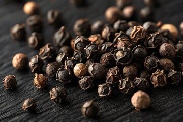 Obraz premium Macro shot of black peppercorns scattered on a dark surface, revealing their texture, color and unique shapes against a black background, spice close up.
