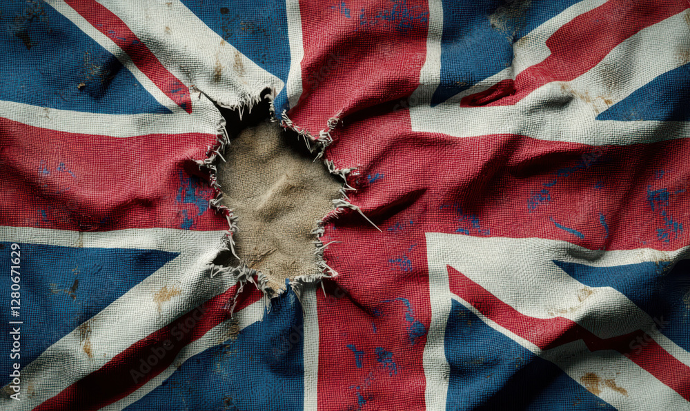 Poster exploring the symbolism of the distressed union jack: a visual representation of british identity an