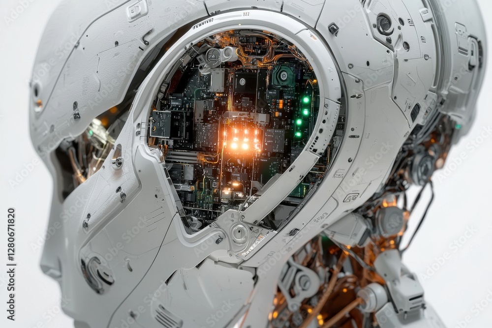 Poster a detailed view of a futuristic humanoid robot head with visible internal circuitry, complex mechani