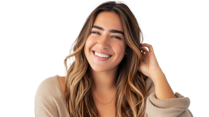 A Realistic Front View of a Smiling Woman with Her Hair on Transparent Background, PNG