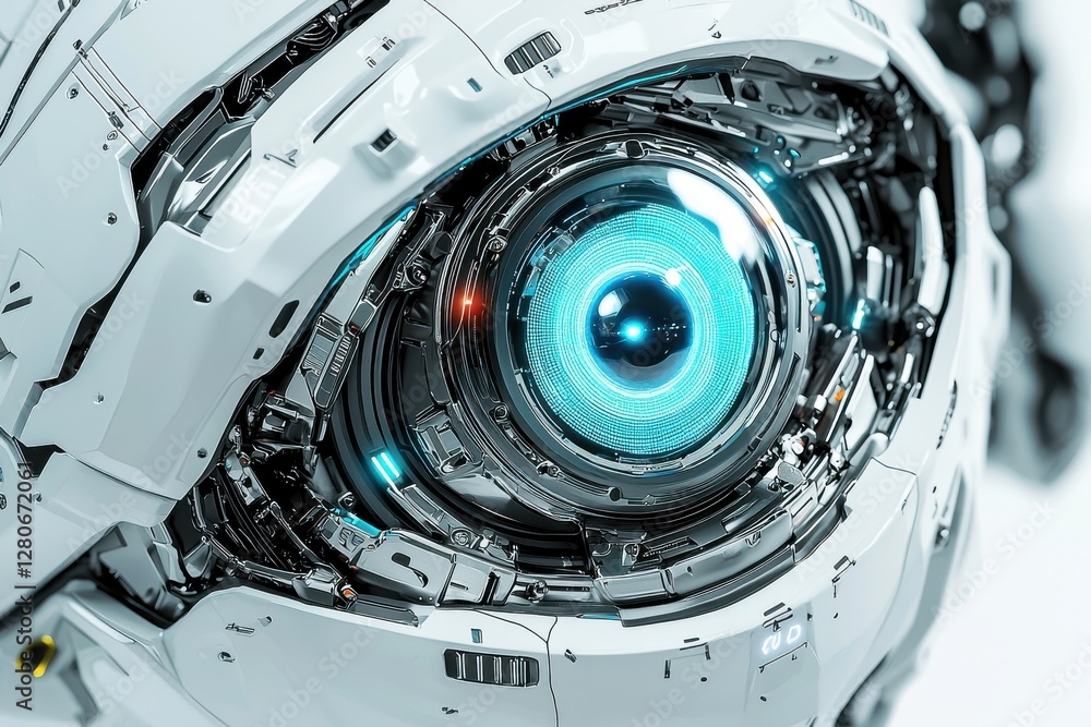 Poster extreme close-up of a robot's eye, featuring a glowing blue iris with intricate digital patterns, em