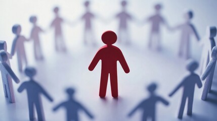 A red figurine stands out among a circle of grey figures, symbolizing individuality and the concept of being unique.