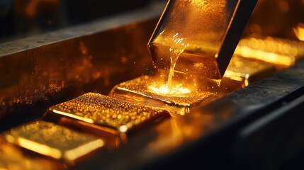 Macro shot of molten gold being poured into a mold to form solid gold bars