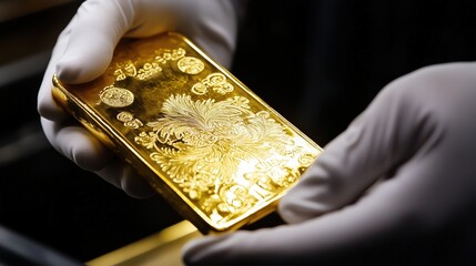 Hand wearing white gloves carefully holding a solid gold bar with intricate engravings