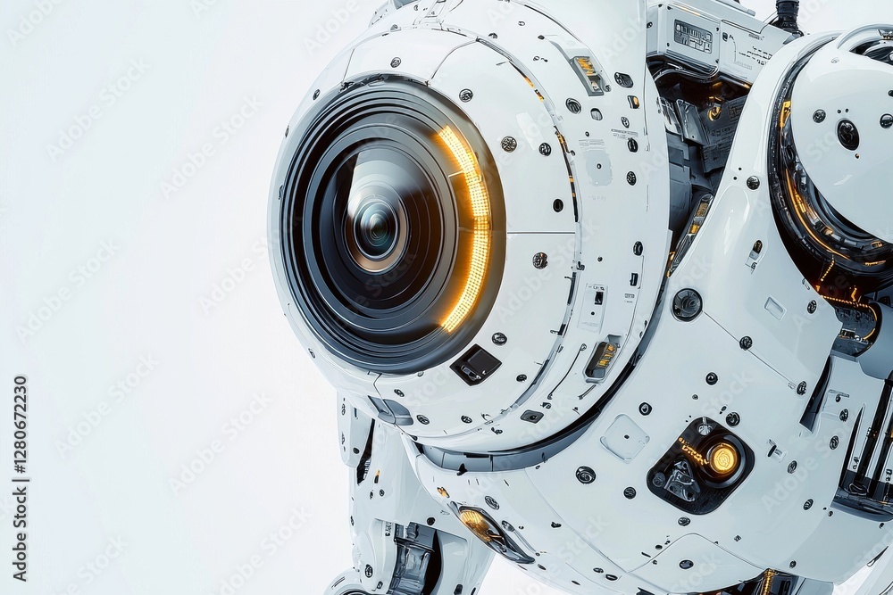 Poster a high-tech robot head with a large camera lens, symbolizing advanced artificial intelligence and au