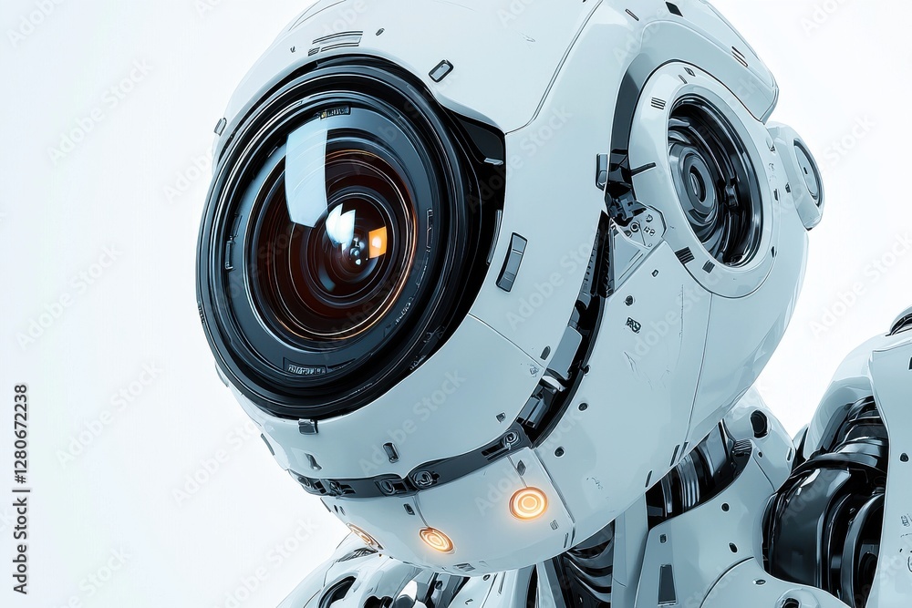 Poster a futuristic robot head with a large lens, showcasing advanced technology and artificial intelligenc
