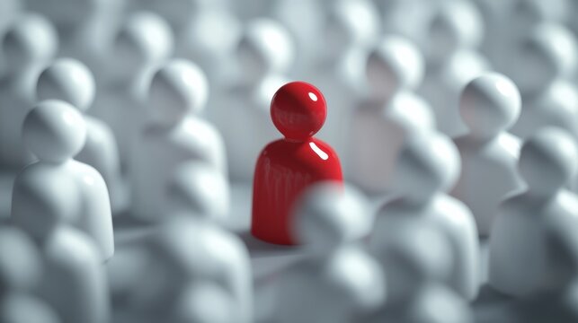 A single red figure stands out among a crowd of white figures, symbolizing uniqueness and individuality in a minimalist setting.