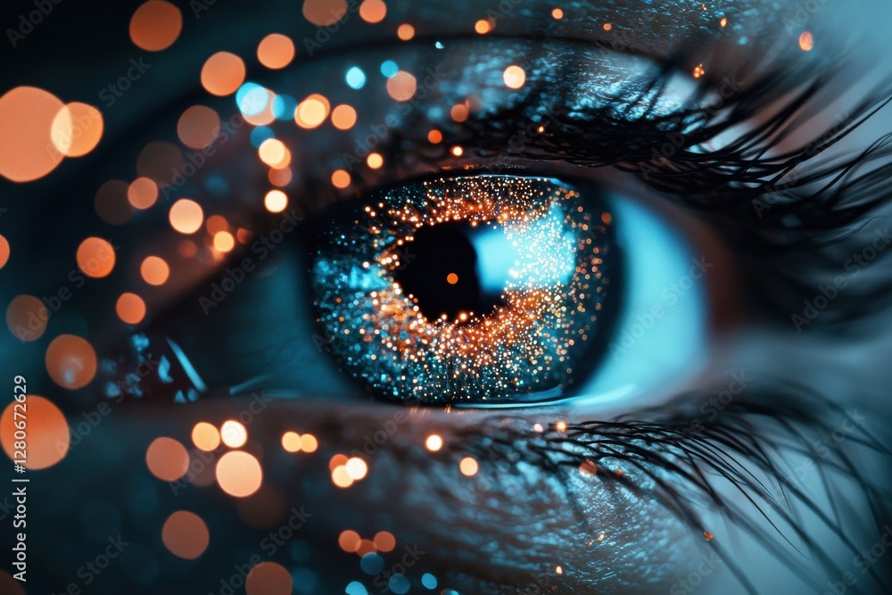 Poster a close-up of an eye featuring shimmering reflections and vibrant bokeh lights, creating a captivati