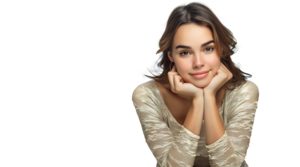 Relaxed and Beautiful Young Woman Resting Her Chin on Transparent Background, PNG