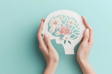 A delicate design featuring hands holding a floral brain illustration against a soft turquoise background, symbolizing creativity and mental well-being.