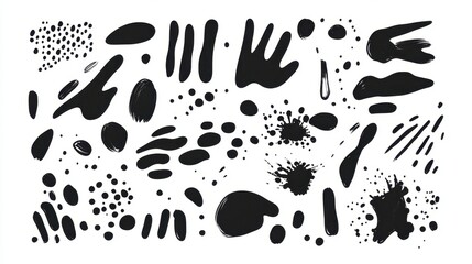 Abstract black ink splashes and brush strokes on a clean white background.