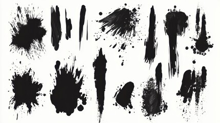 An artistic arrangement of various black paint splatters and strokes on a white background, showcasing dynamic shapes and textures.
