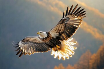 Fototapeta premium A majestic bald eagle soars gracefully through the sky, sunlight streams through its feathers illuminating their intricate patterns with breathtaking beauty.