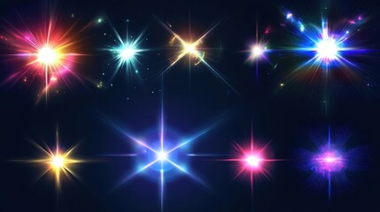 Fototapeta premium A vibrant array of colorful light flares against a dark background, creating a dazzling cosmic effect.