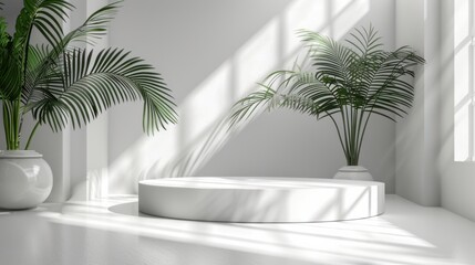 Obraz premium Minimal white room, cylinder podium, subtle palm leaf shadows, abstract product display setup